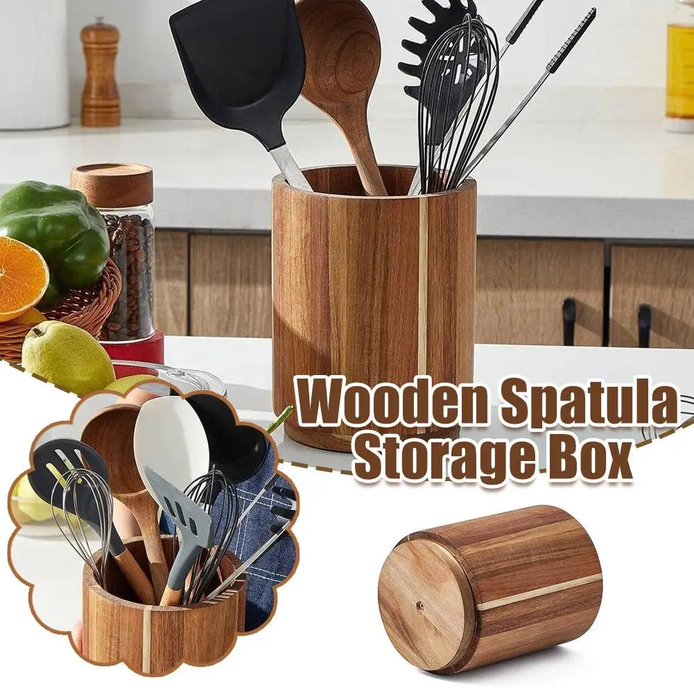 Wooden Circular Kitchen Cutlery Box – Round Cooking Tool Rack for Spatula Storage & Organization