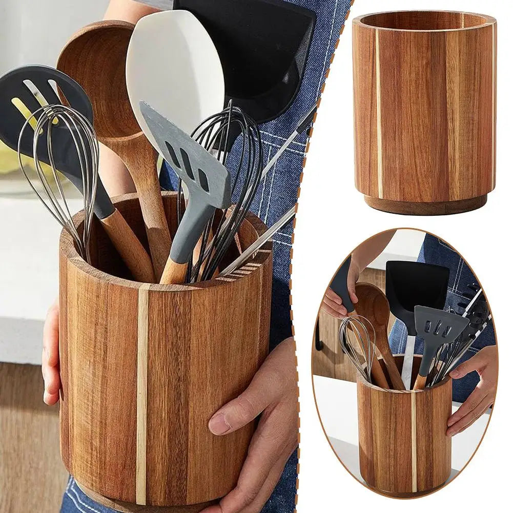 Wooden Circular Kitchen Cutlery Box – Round Cooking Tool Rack for Spatula Storage & Organization