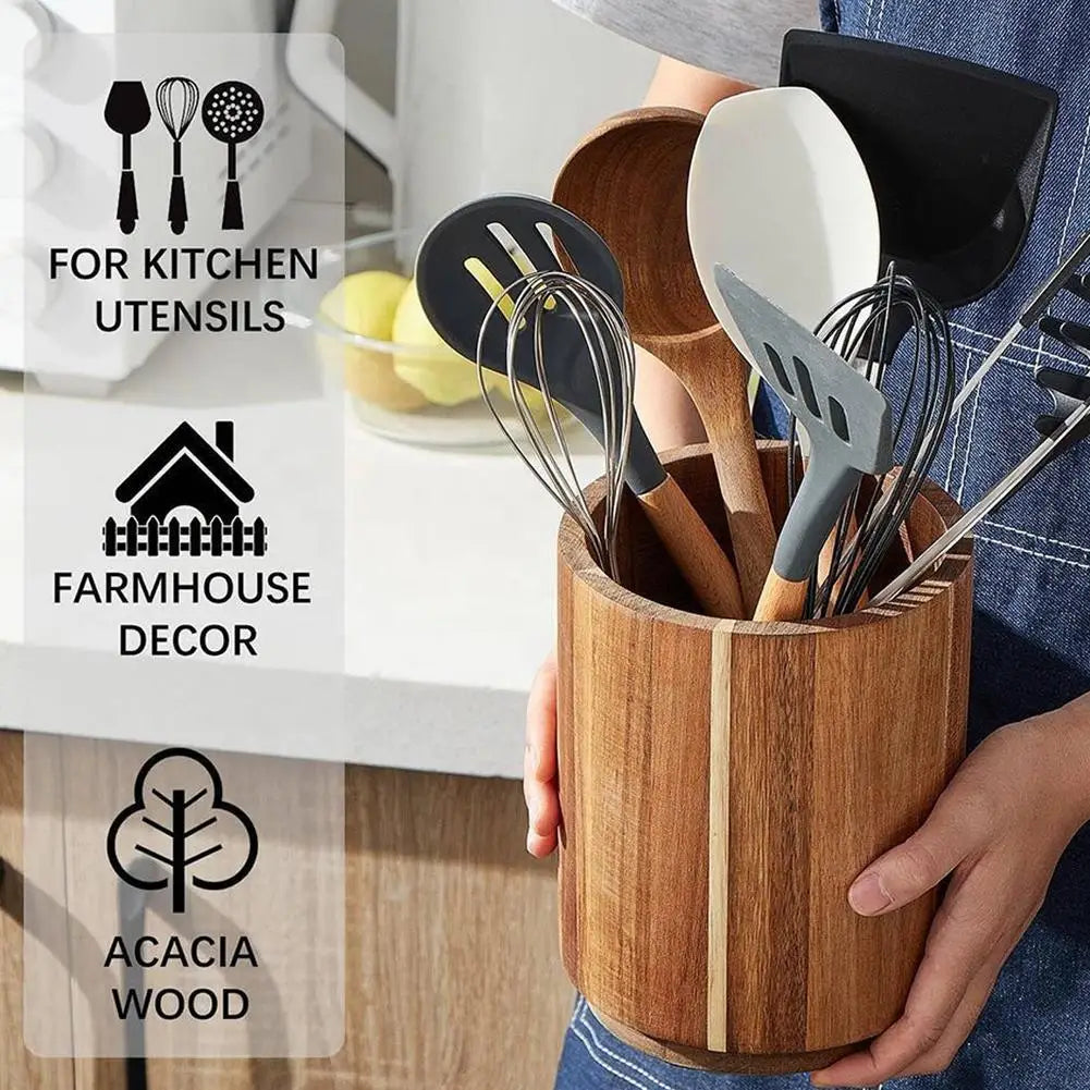Wooden Circular Kitchen Cutlery Box – Round Cooking Tool Rack for Spatula Storage & Organization