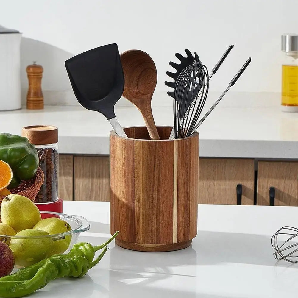 Wooden Circular Kitchen Cutlery Box – Round Cooking Tool Rack for Spatula Storage & Organization