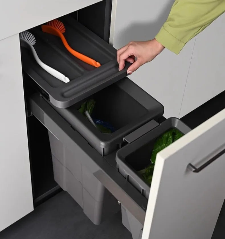 Hidden Embedded Kitchen Cabinet Trash Can – Large Capacity with Lid for Classified Food Waste Disposal