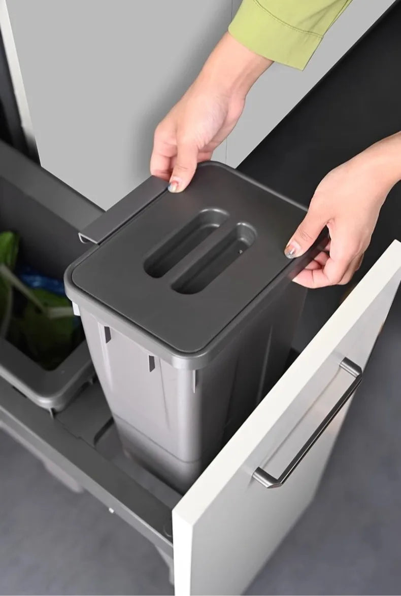 Hidden Embedded Kitchen Cabinet Trash Can – Large Capacity with Lid for Classified Food Waste Disposal