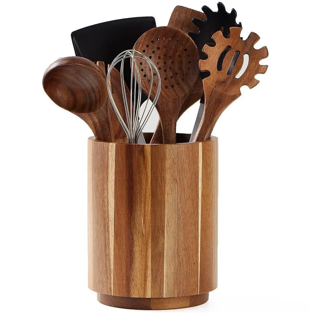 Wooden Circular Kitchen Cutlery Box – Round Cooking Tool Rack for Spatula Storage & Organization