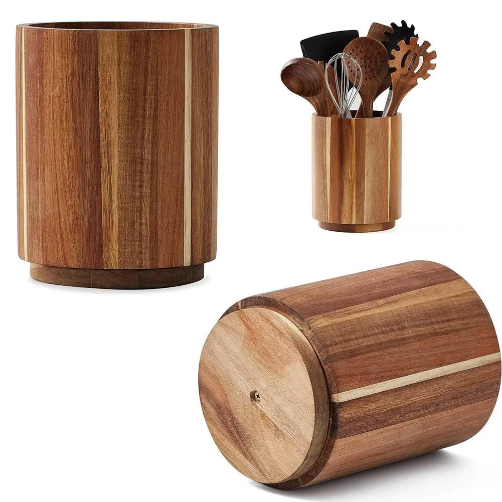 Wooden Circular Kitchen Cutlery Box – Round Cooking Tool Rack for Spatula Storage & Organization