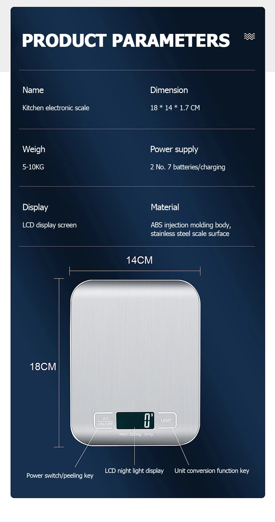 5kg/10kg Digital Kitchen Scale – Stainless Steel Electronic Weighing Scale for Food, Snacks & Baking