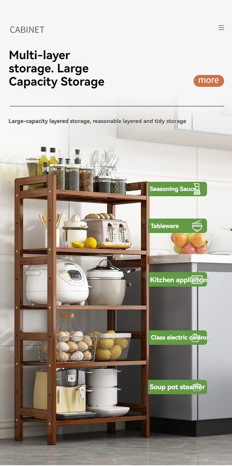 Floor Standing Kitchen Shelf – Multi-Layer Storage for Pots, Seasonings, Fruits & Dishes