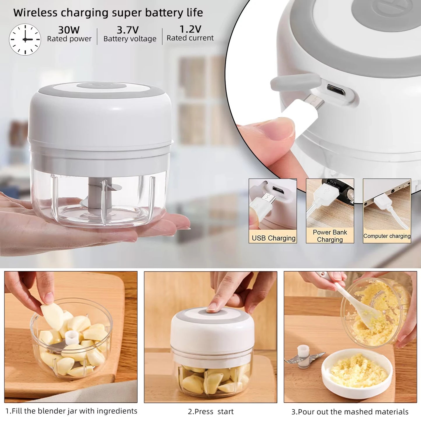 Mini Electric Garlic Masher & Food Chopper – Portable Meat Grinder & Vegetable Cutter