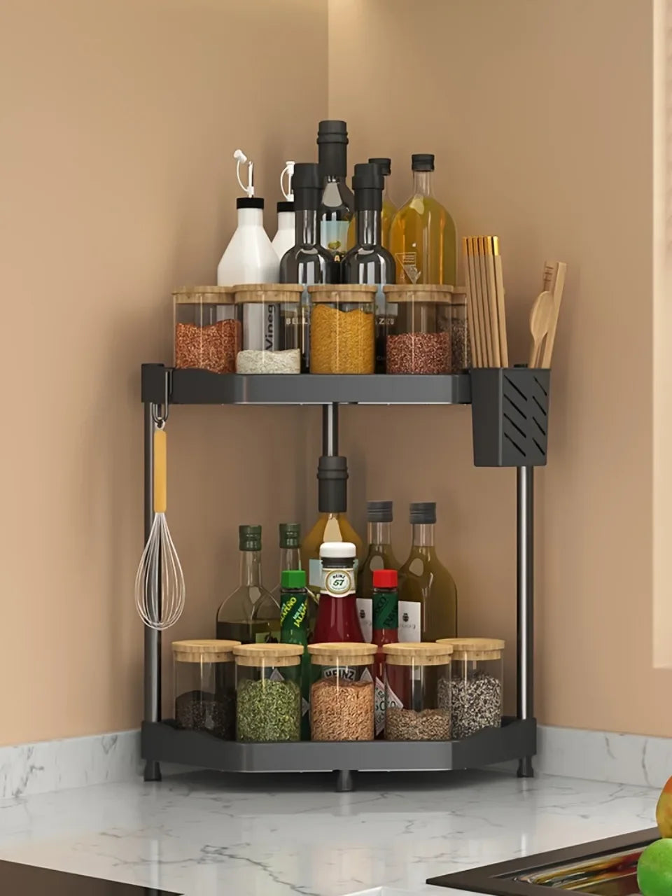 Corner Kitchen Seasoning Shelf – Spice Organizer & Chopstick Holder for Space-Saving, Easy to Clean Countertop Storage