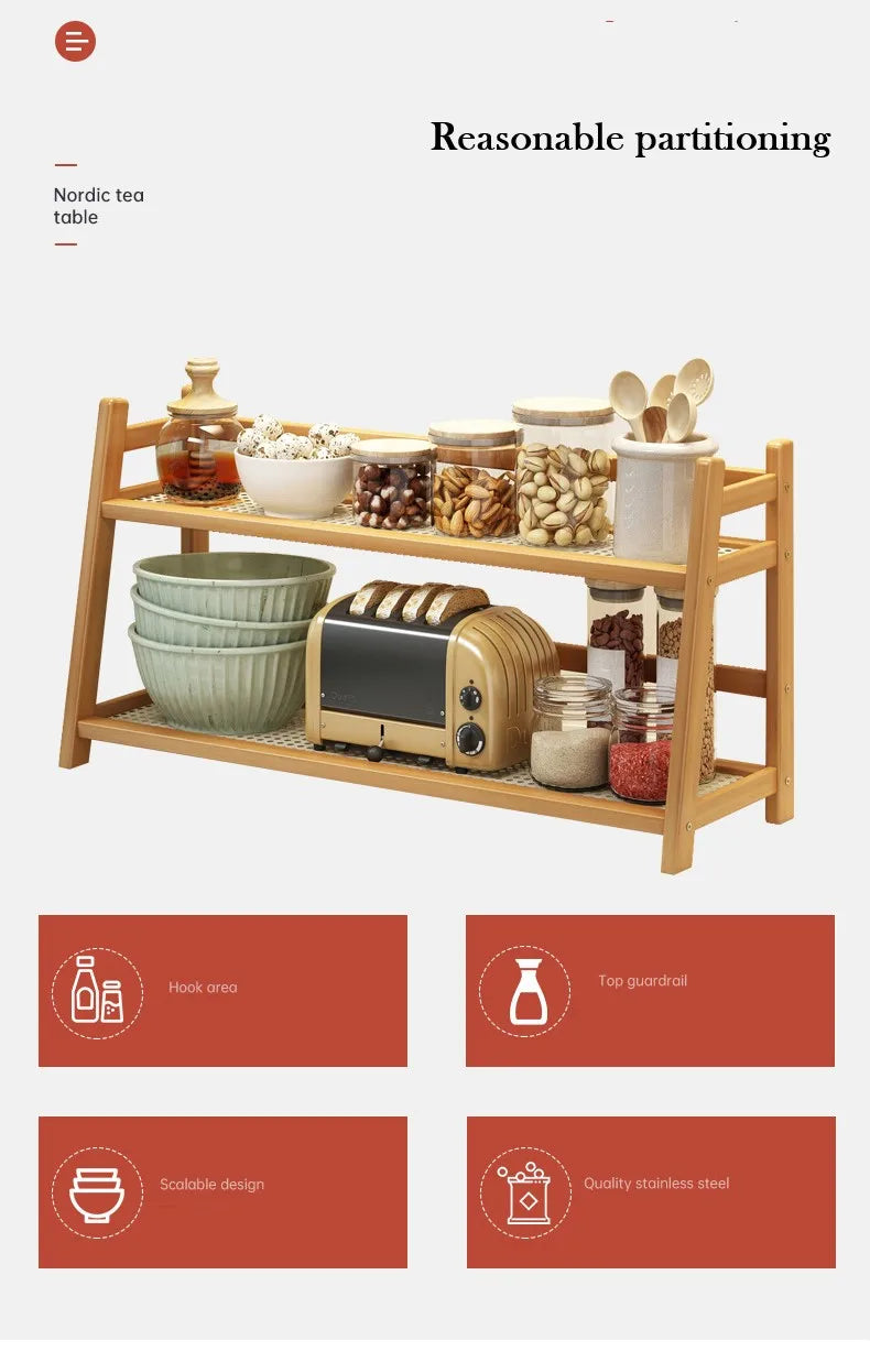 Bamboo Spice Caddy – 2-Layer Kitchen Storage Rack & Cup Holder for Coffee Bar & Countertop