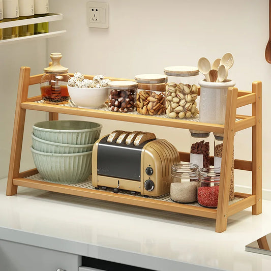 Bamboo Spice Caddy – 2-Layer Kitchen Storage Rack & Cup Holder for Coffee Bar & Countertop