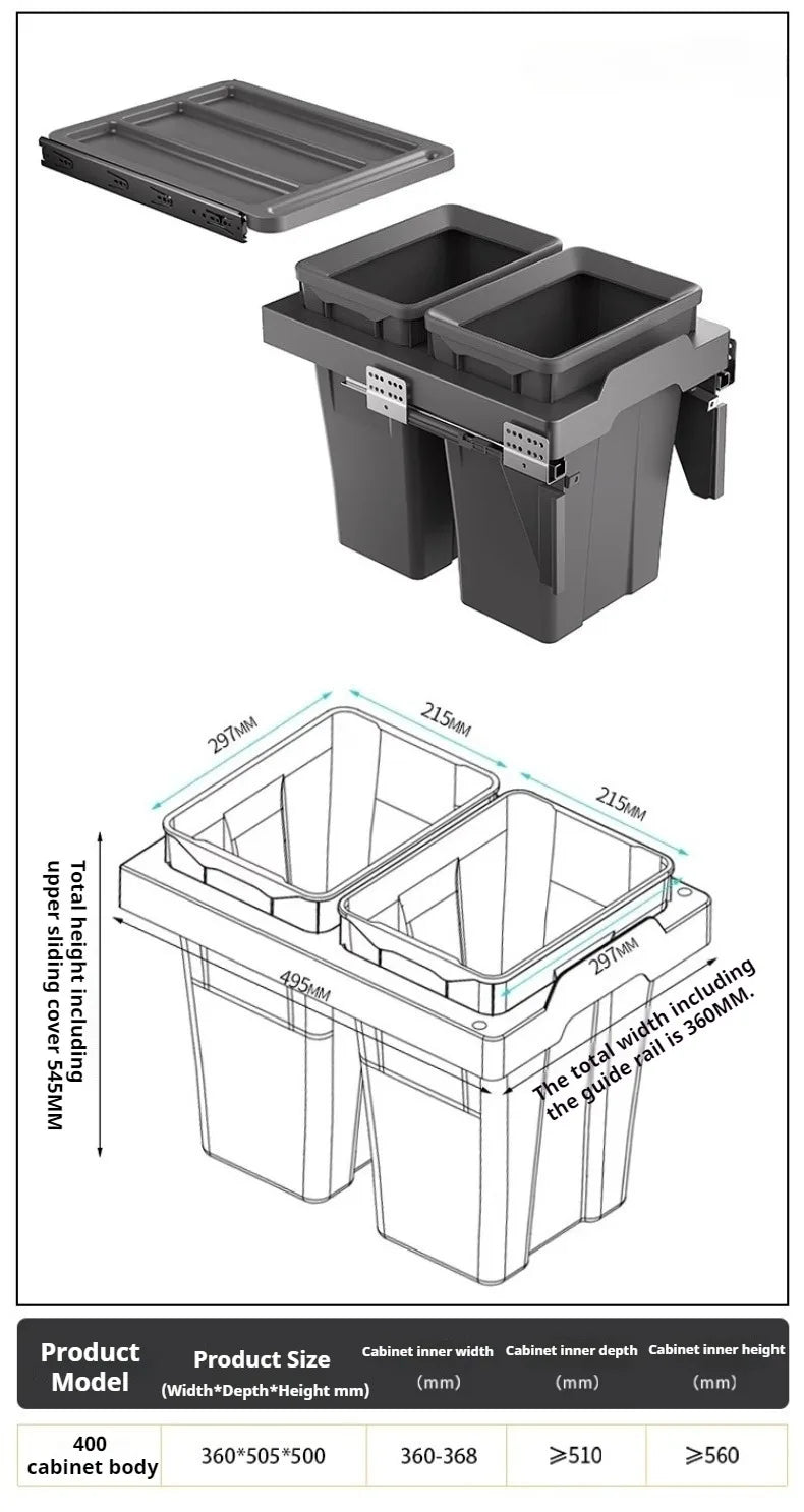 Hidden Embedded Kitchen Cabinet Trash Can – Large Capacity with Lid for Classified Food Waste Disposal
