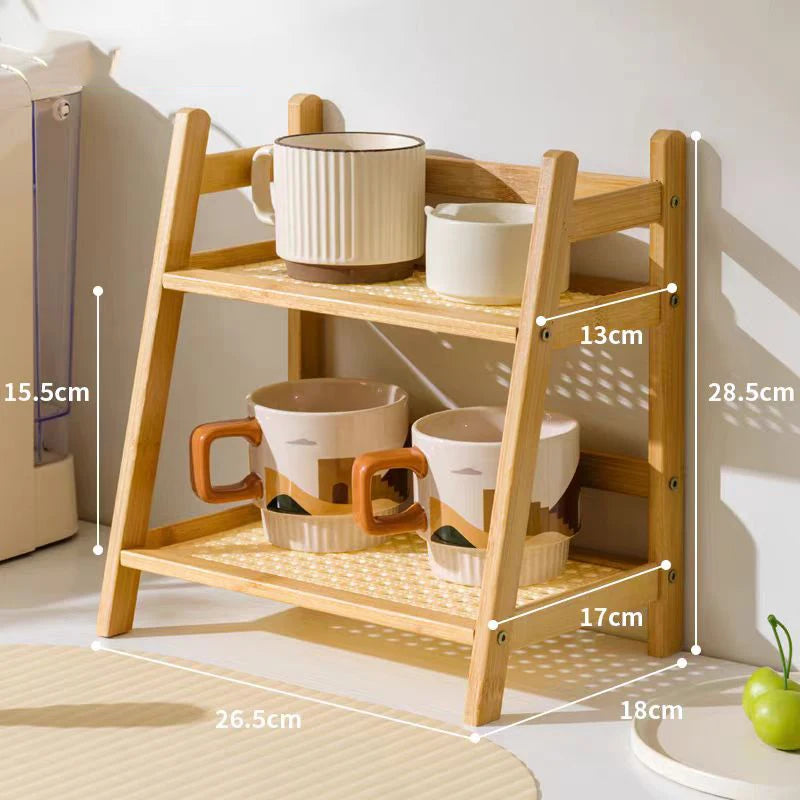 Bamboo Spice Caddy – 2-Layer Kitchen Storage Rack & Cup Holder for Coffee Bar & Countertop