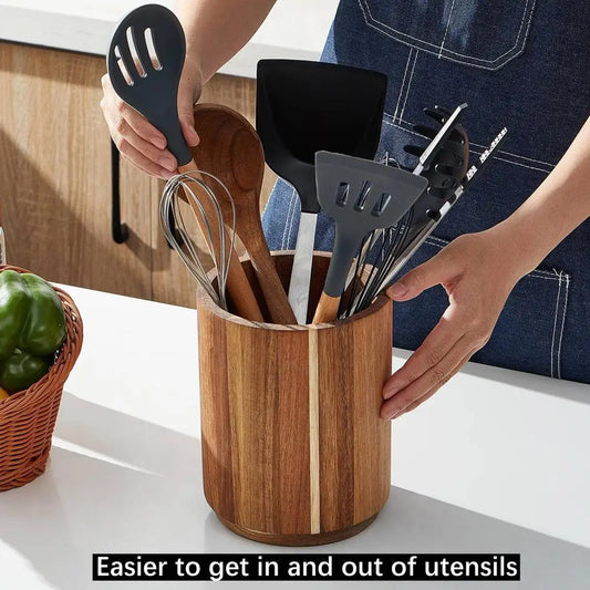 Wooden Circular Kitchen Cutlery Box – Round Cooking Tool Rack for Spatula Storage & Organization