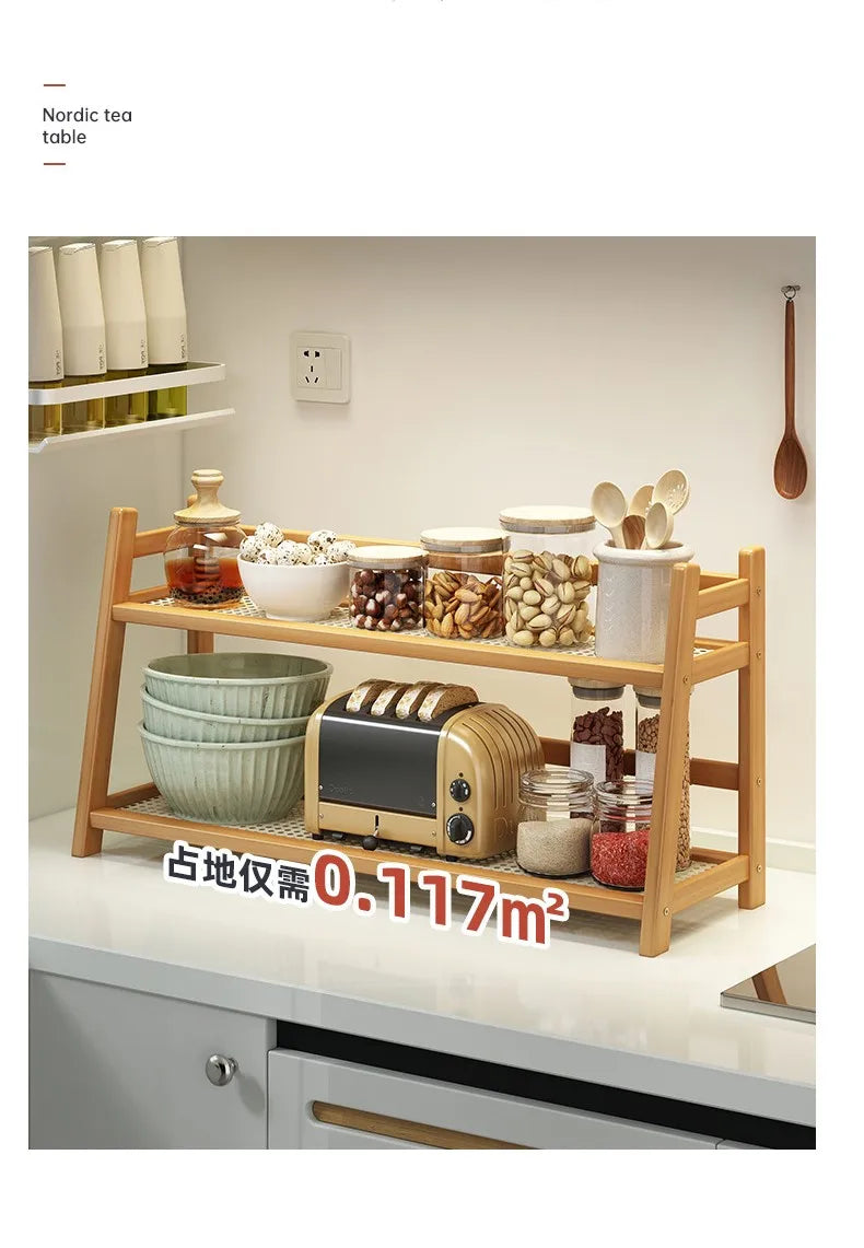 Bamboo Spice Caddy – 2-Layer Kitchen Storage Rack & Cup Holder for Coffee Bar & Countertop