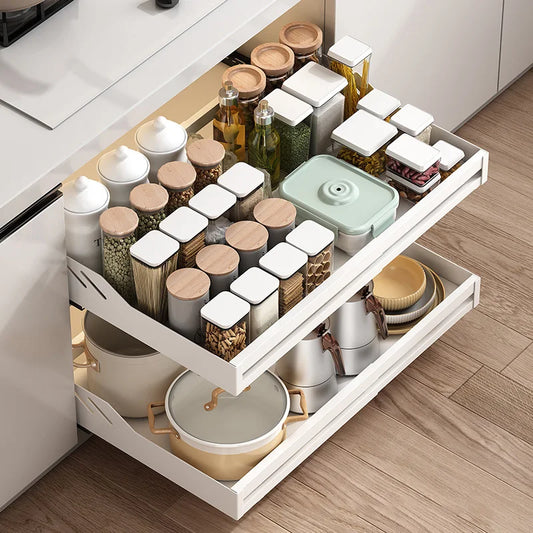 Kitchen Cabinet Basket with Slide Rails – Drawer-Type Bowl, Dish, and Spice Storage Rack, Scalable Shelf for Bathroom Organizer