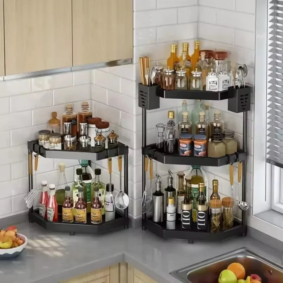 Corner Kitchen Seasoning Shelf – Spice Organizer & Chopstick Holder for Space-Saving, Easy to Clean Countertop Storage