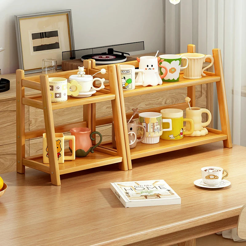 Bamboo Spice Caddy – 2-Layer Kitchen Storage Rack & Cup Holder for Coffee Bar & Countertop