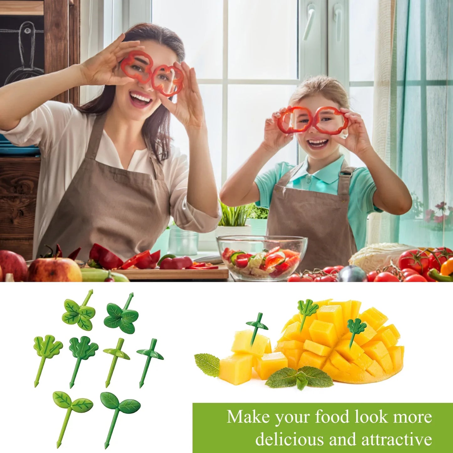 40-8pcs Leaf-Shaped Plastic Forks & Toothpicks – Fun Party Decor & Lunch Accessories for Kids, Sandwiches, and Salads