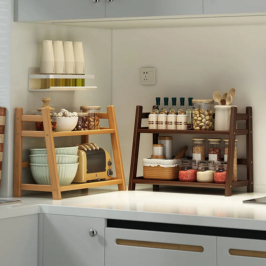 Bamboo Spice Caddy – 2-Layer Kitchen Storage Rack & Cup Holder for Coffee Bar & Countertop